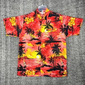 Rima Mens Caribbean Shirt Size M Hawaiian Orange Tropical Palm Tree Beach Sunset